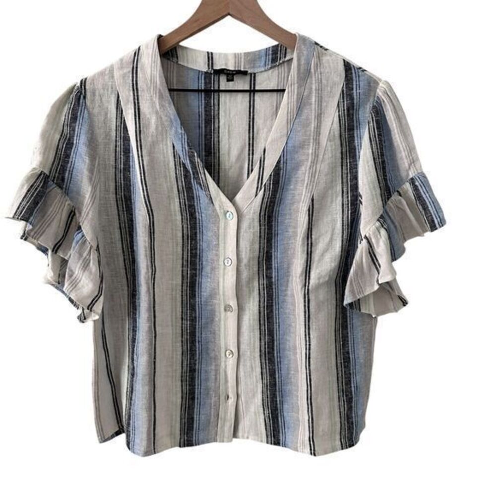 Drew V-Neck Blue Black Striped Short Flutter Sleeved Linen Button Up Blouse M‎